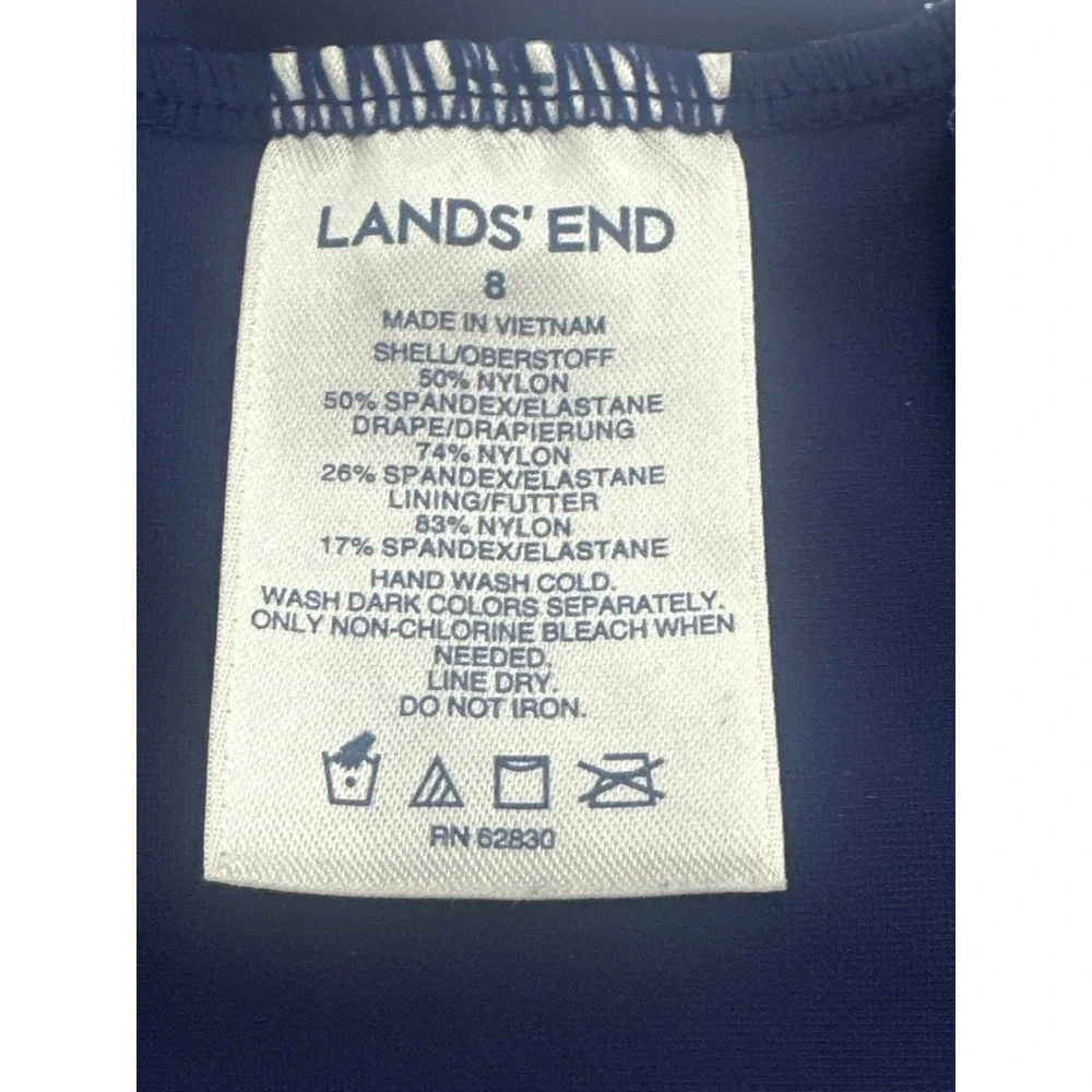 Lands End Womens Paisley Navy Blue Ruched One Piece Swimsuit V-Neck Padded Cup